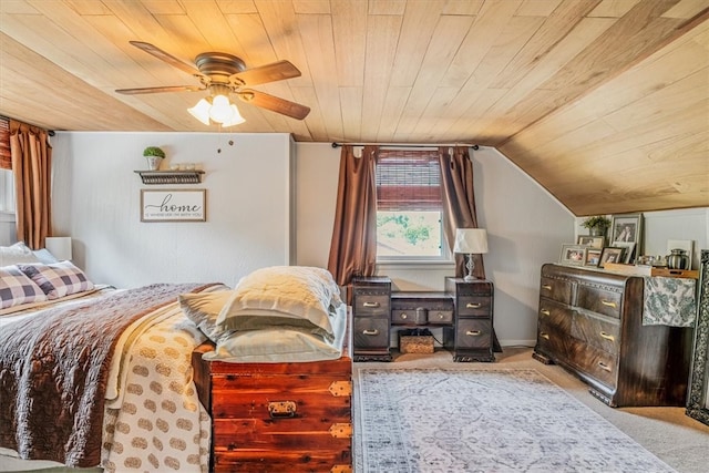 bedroom with ceiling fan, light colored carpet, wooden ceiling, and vaulted ceiling