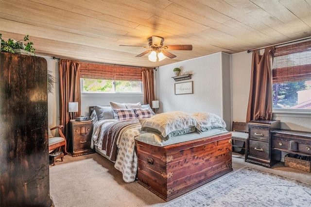 carpeted bedroom featuring ceiling fan and wood ceiling