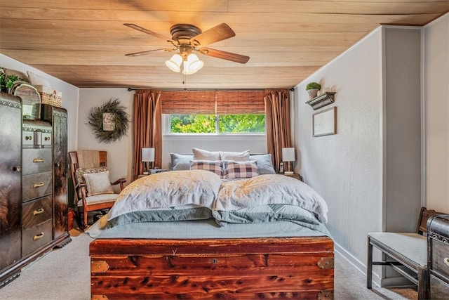 bedroom featuring carpet, ceiling fan, and wooden ceiling