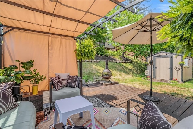 wooden deck with a pergola, a lawn, an outdoor hangout area, and a storage shed