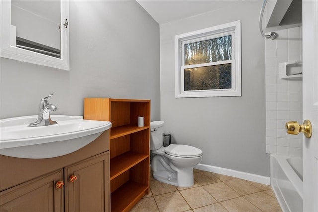 full bathroom featuring tile patterned flooring, vanity, bathtub / shower combination, and toilet