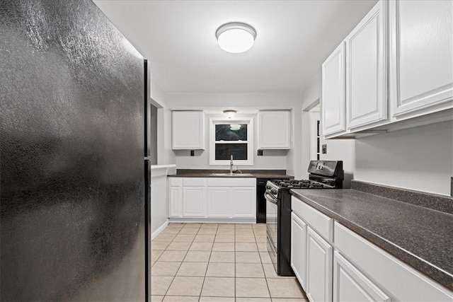 190 Pine Creek Rd, Mccandless, PA 15090 - kitchen with black appliances, a sink, light tile patterned floors, dark countertops, and white cabinetry