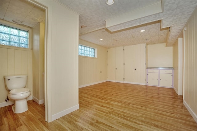 basement with a healthy amount of sunlight, light hardwood / wood-style floors, and wood walls