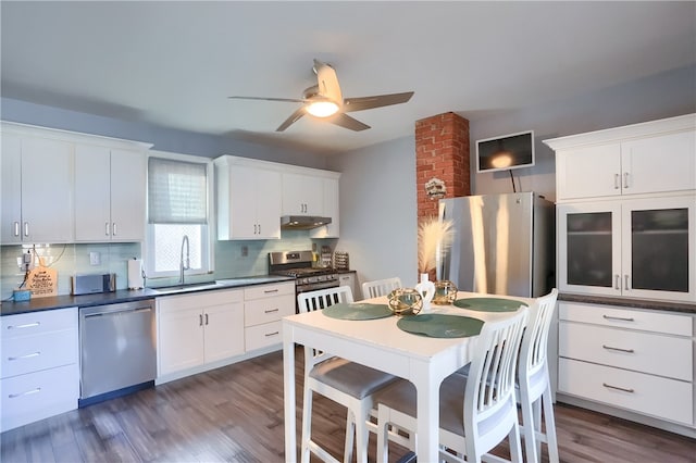 kitchen with white cabinetry, sink, dark hardwood / wood-style flooring, decorative backsplash, and appliances with stainless steel finishes