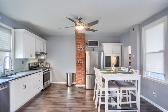 kitchen with white cabinetry, sink, dark hardwood / wood-style floors, and appliances with stainless steel finishes