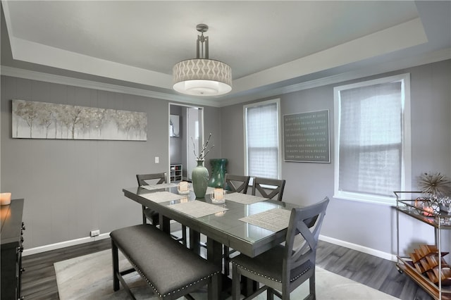 dining room with crown molding, a raised ceiling, and dark wood-type flooring