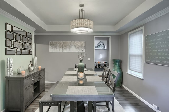 dining room featuring dark hardwood / wood-style floors, a tray ceiling, and a healthy amount of sunlight