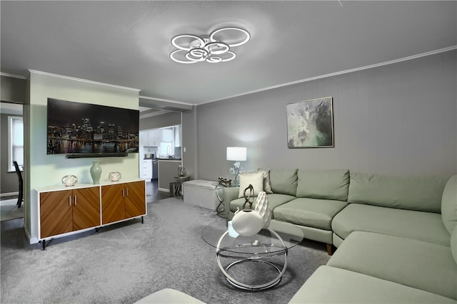 living room with carpet floors and ornamental molding