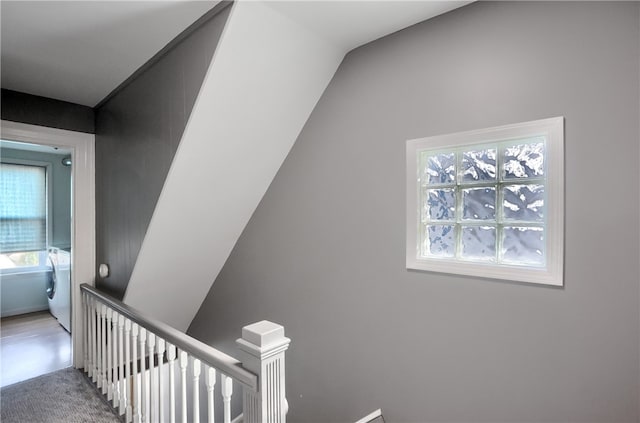 stairs with washer / clothes dryer, a wealth of natural light, carpet, and lofted ceiling