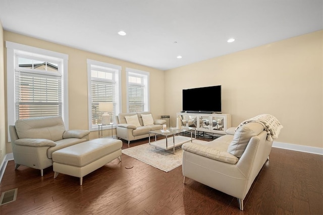 living room featuring dark wood-type flooring