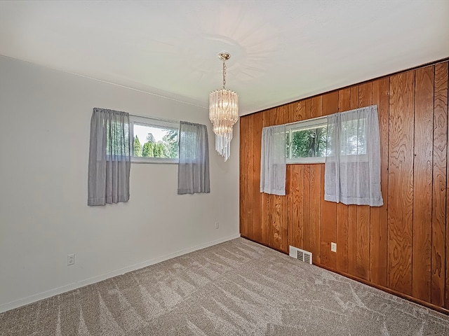 empty room featuring carpet floors, plenty of natural light, and wood walls