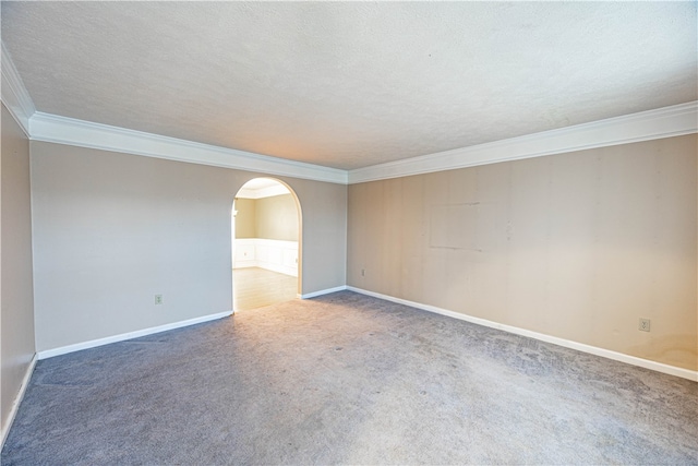 empty room featuring carpet flooring, ornamental molding, and a textured ceiling