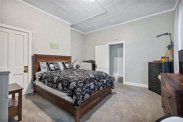 carpeted bedroom with crown molding