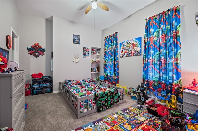 carpeted bedroom featuring ceiling fan