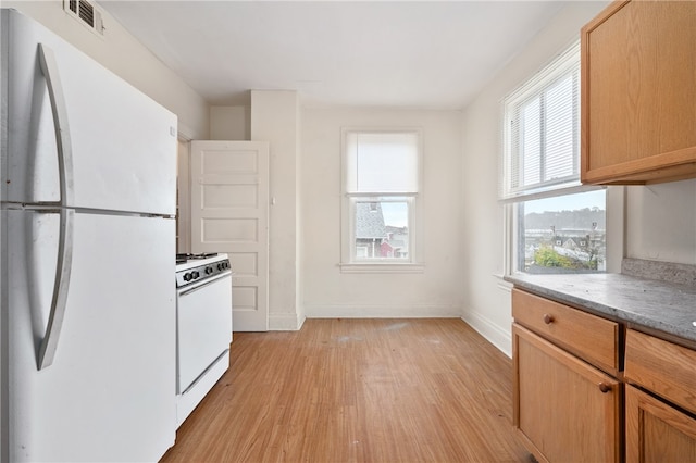 kitchen featuring a wealth of natural light, light hardwood / wood-style floors, and white appliances