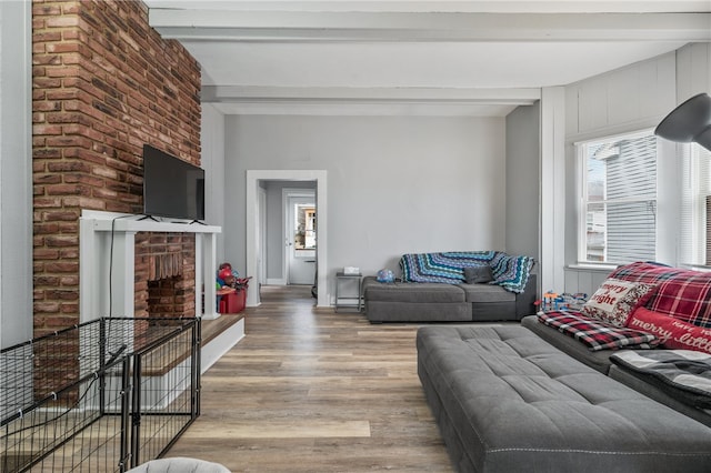 living room featuring beam ceiling and wood-type flooring