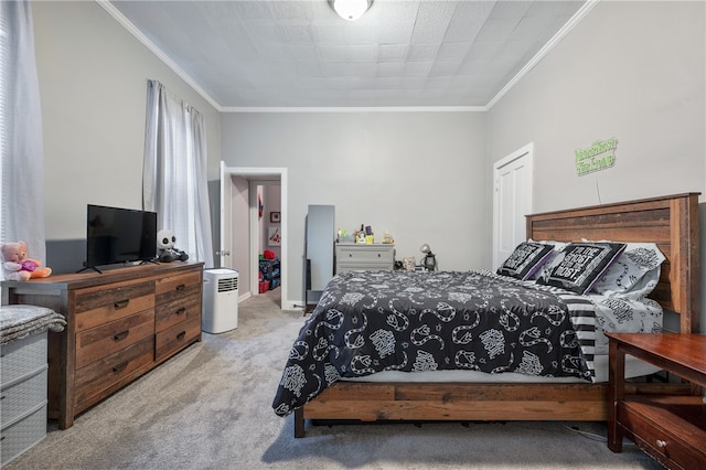 carpeted bedroom with a closet and ornamental molding