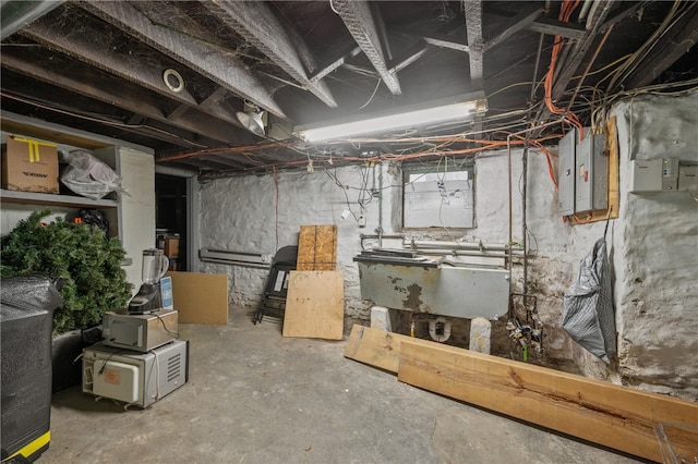 basement with electric panel and sink