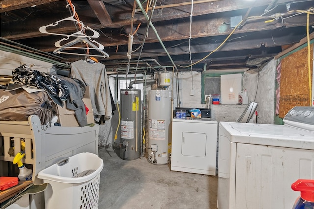 basement with washer and dryer and gas water heater