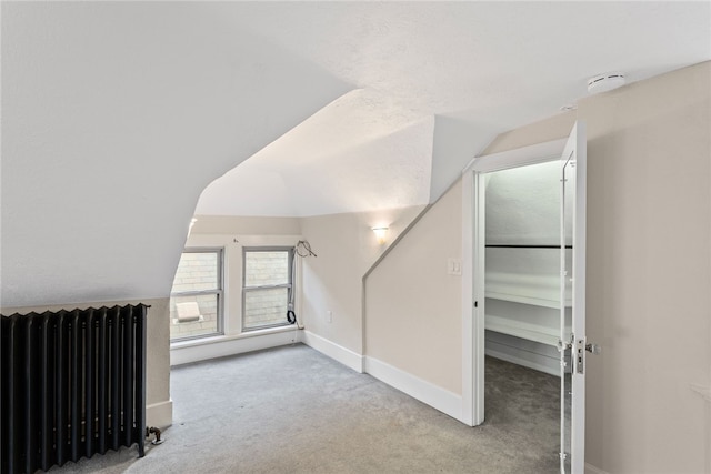 additional living space with radiator heating unit, a textured ceiling, light colored carpet, and lofted ceiling