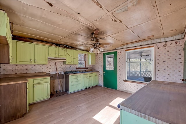 kitchen featuring ceiling fan, light hardwood / wood-style flooring, and green cabinetry