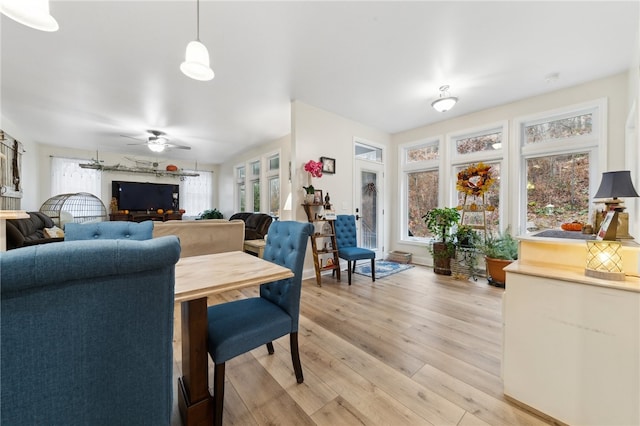 living room featuring light wood-type flooring and ceiling fan