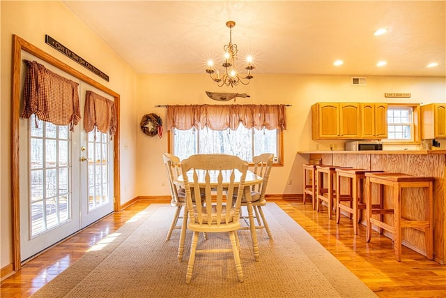 505 Greenbriar Rd, Pa, PA 15431 - dining space featuring a chandelier, light wood-style flooring, recessed lighting, baseboards, and french doors