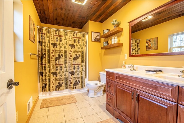 505 Greenbriar Rd, Pa, PA 15431 - full bath featuring double vanity, wood ceiling, toilet, tile patterned flooring, and a shower with curtain