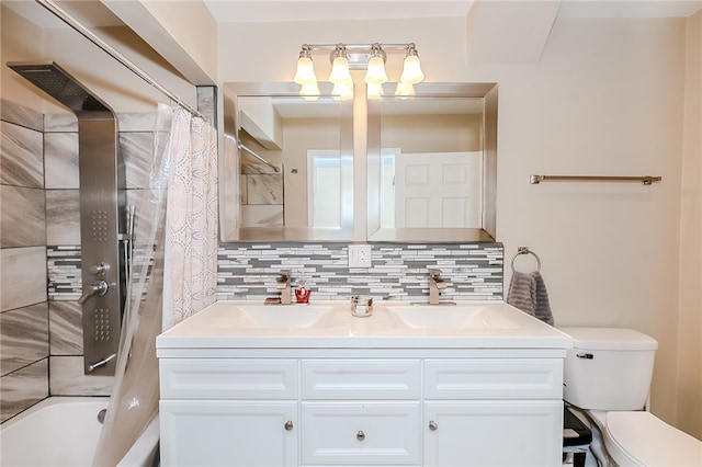 full bathroom featuring decorative backsplash, shower / bath combo with shower curtain, vanity, and toilet