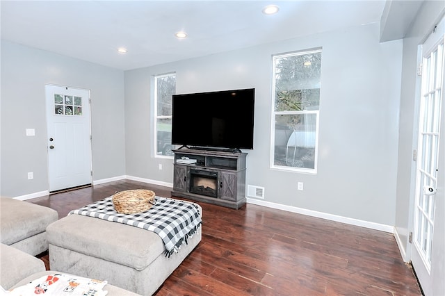 living room featuring dark hardwood / wood-style floors and a fireplace