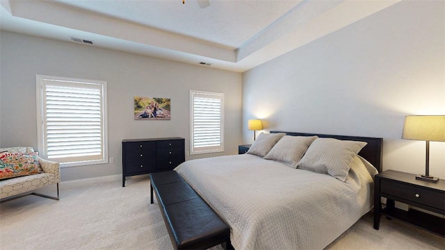 bedroom featuring a raised ceiling, multiple windows, and light colored carpet