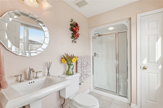 bathroom with tile patterned floors, toilet, an enclosed shower, and sink