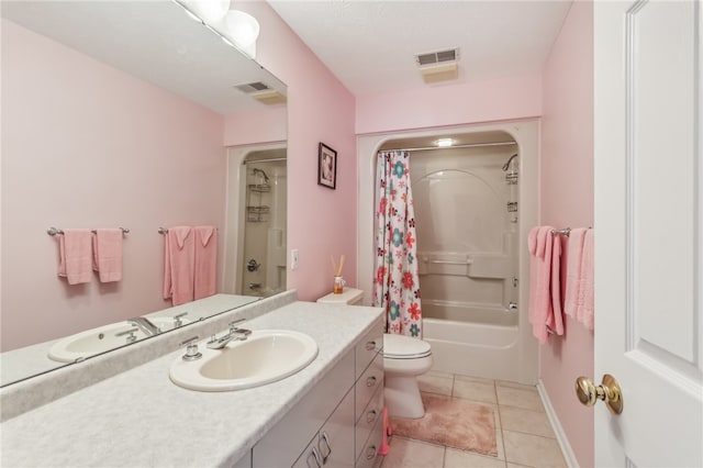 full bathroom with tile patterned flooring, vanity, toilet, and shower / bathtub combination with curtain