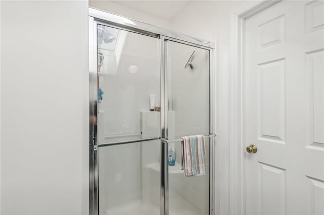 bathroom featuring a shower with door