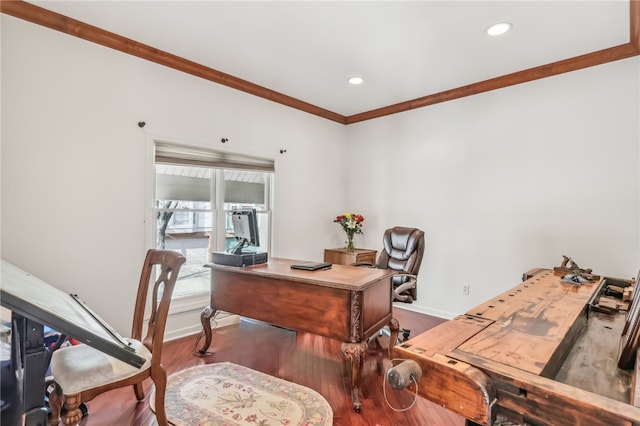 office with wood-type flooring and ornamental molding