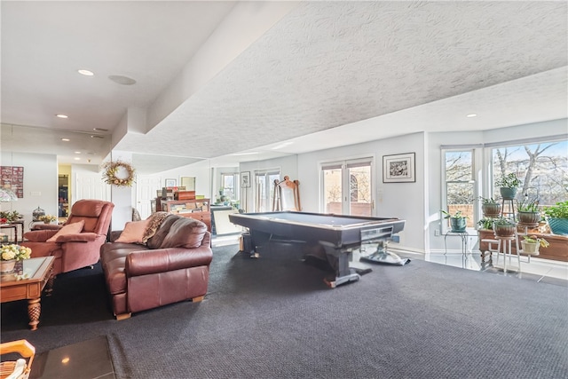 88 Waterfront Dr, Washingtons Landing, PA 15222 - rec room with billiards, recessed lighting, baseboards, carpet, and a textured ceiling