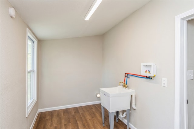 clothes washing area with hookup for a washing machine and dark hardwood / wood-style floors