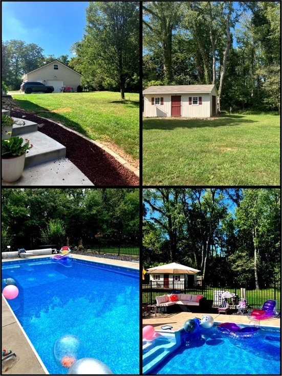 view of pool featuring a lawn and an outbuilding