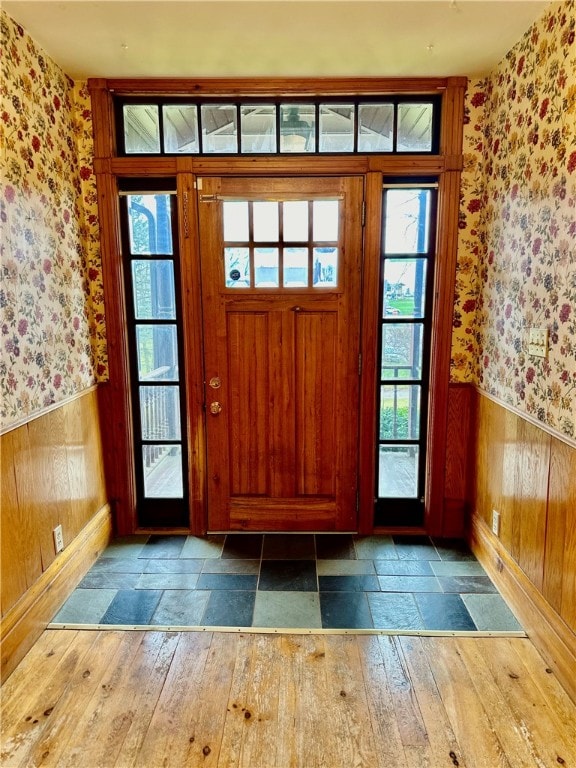 foyer entrance with wood walls and dark hardwood / wood-style floors