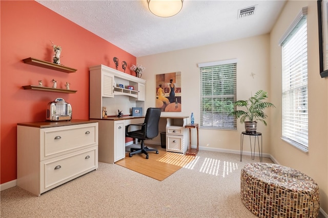 office space with light colored carpet and a textured ceiling