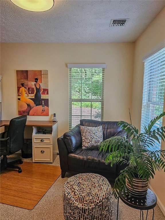 carpeted home office with a textured ceiling