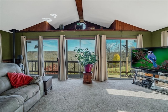 interior space with vaulted ceiling with beams