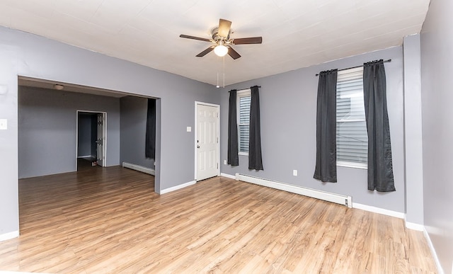 unfurnished room featuring ceiling fan, baseboard heating, and light hardwood / wood-style flooring