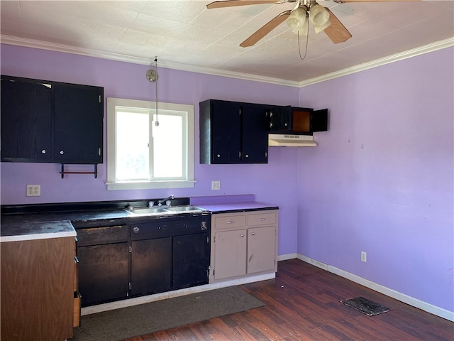 kitchen with ceiling fan, sink, dark hardwood / wood-style floors, crown molding, and exhaust hood