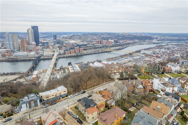 aerial view featuring a water view