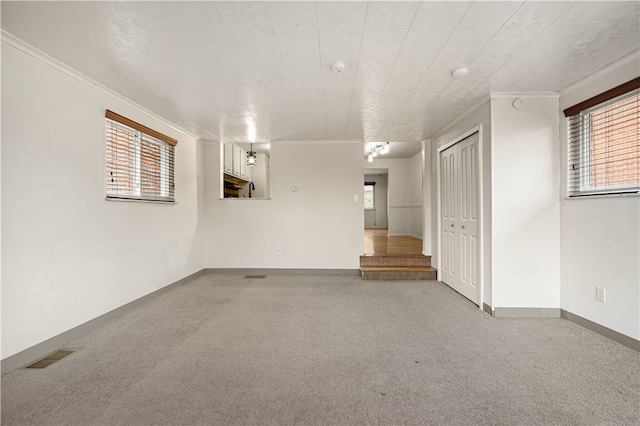 carpeted spare room with crown molding and a healthy amount of sunlight