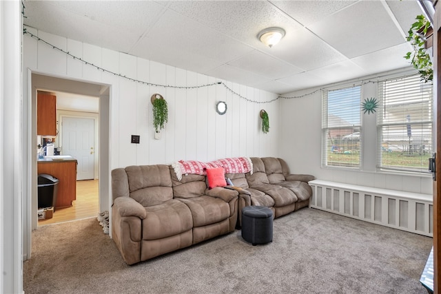 living room featuring carpet flooring, radiator heating unit, and wood walls