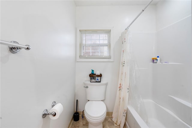 bathroom with toilet and shower / bathtub combination with curtain