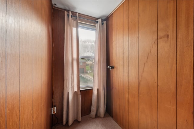 interior space with carpet and wooden walls