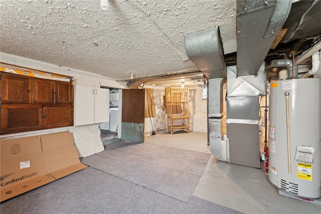 basement with gas water heater and heating unit